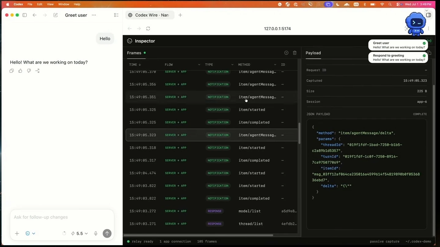 Codex conversation beside an inspector showing agent message notifications and a selected delta payload.