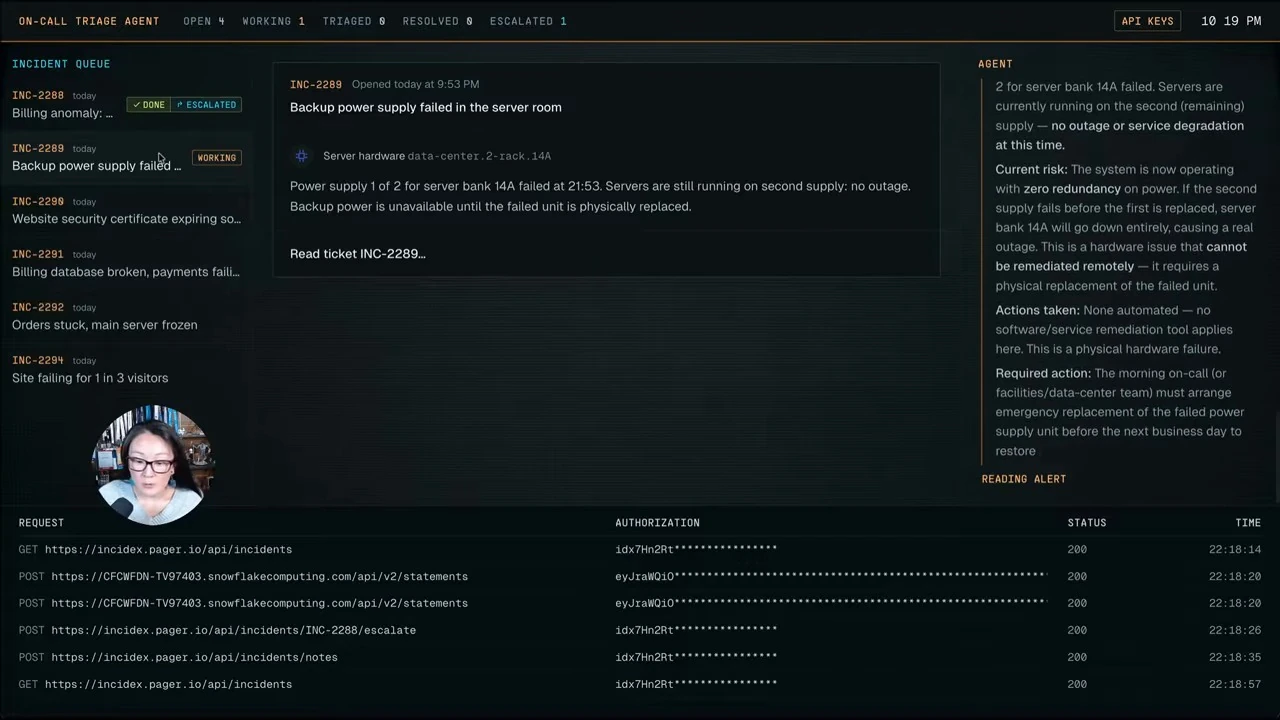 An incident dashboard shows a failed power supply and the agent’s assessment of the remaining supply.
