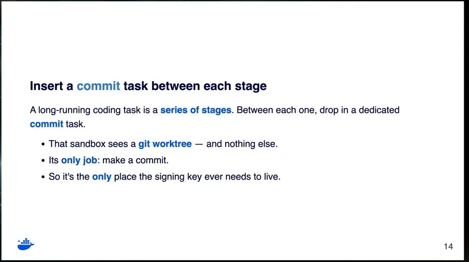 Slide proposes a dedicated sandbox that sees a Git worktree and makes commits, keeping the signing key there.