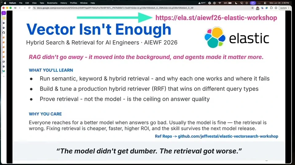 Workshop overview slide introducing semantic, keyword and hybrid retrieval.
