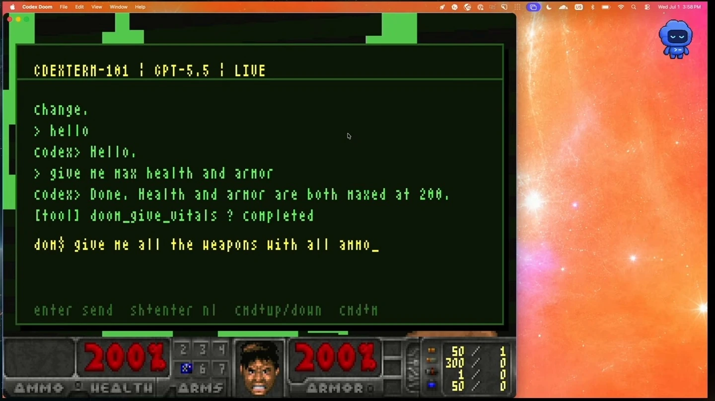The in-game terminal reports maxed health and armor, and the player types a request for weapons and ammunition.