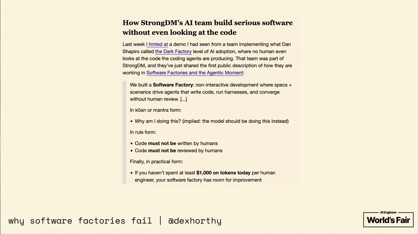 Article excerpt describes a software factory where agents write and test code without human code review.