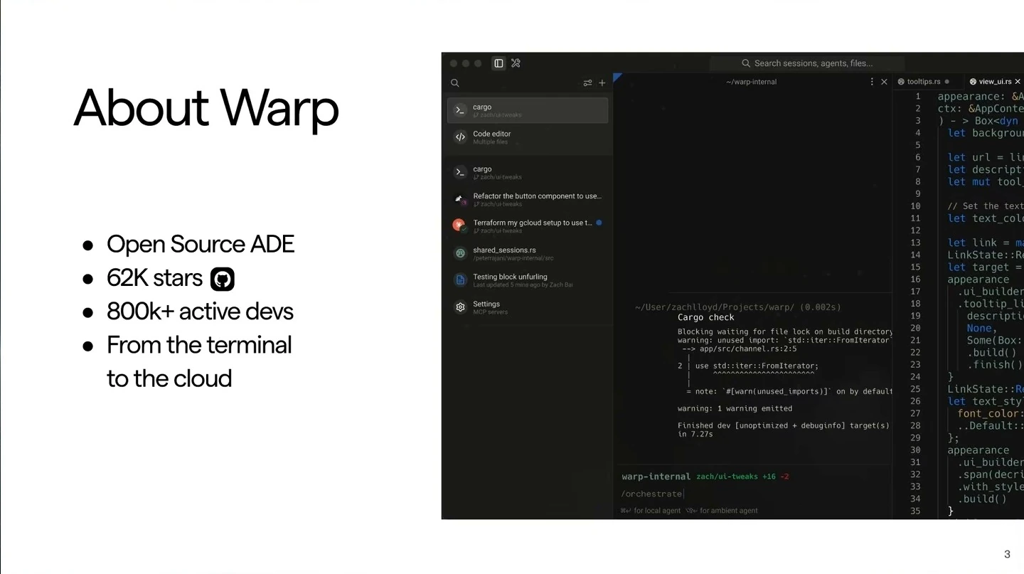 Warp overview with open-source and developer statistics alongside a product screenshot.