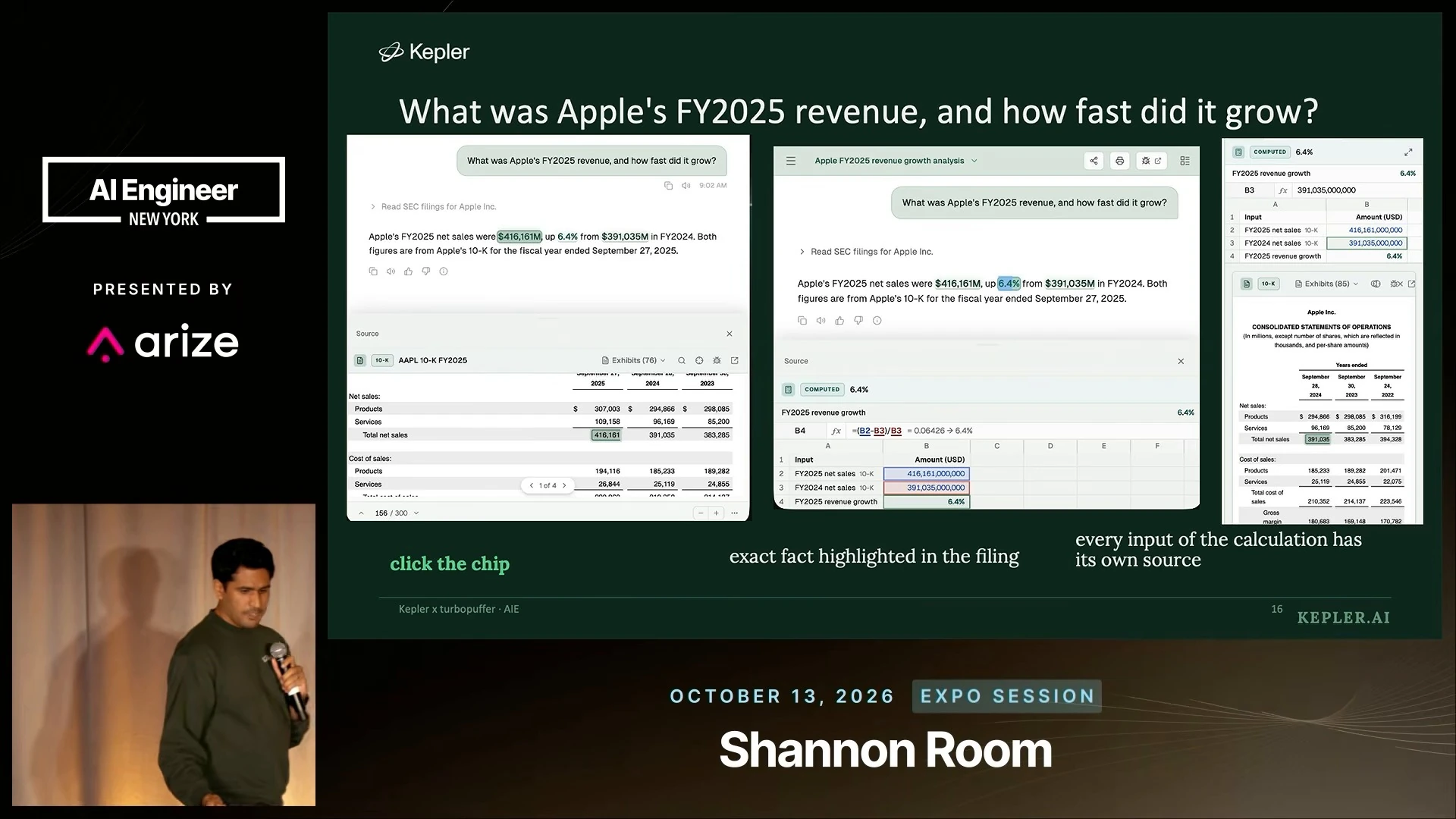 Three product screenshots show Apple's FY2025 revenue answer, a highlighted filing value, and a 6.4% growth calculation with separately sourced inputs.