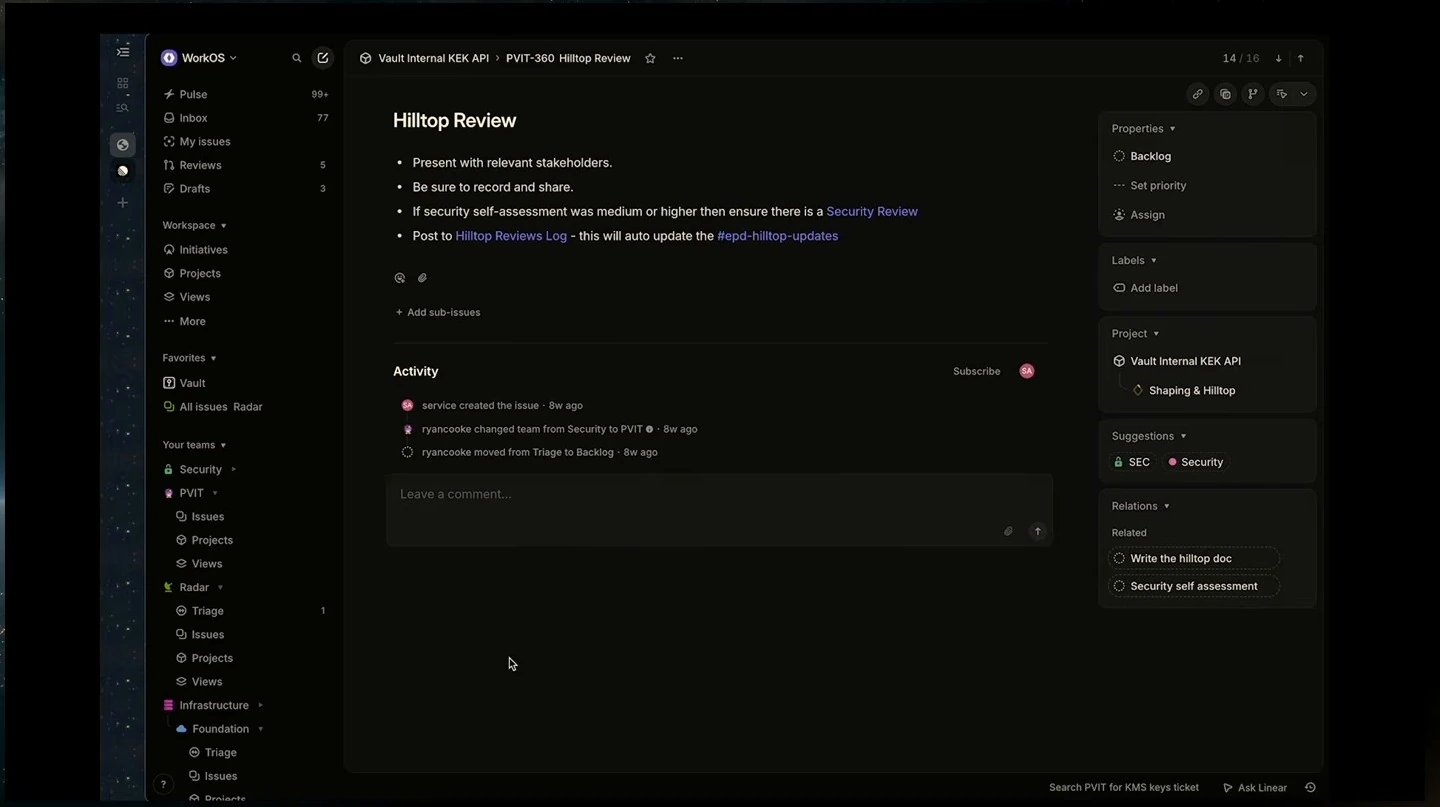 An issue detail page with review instructions and related work.