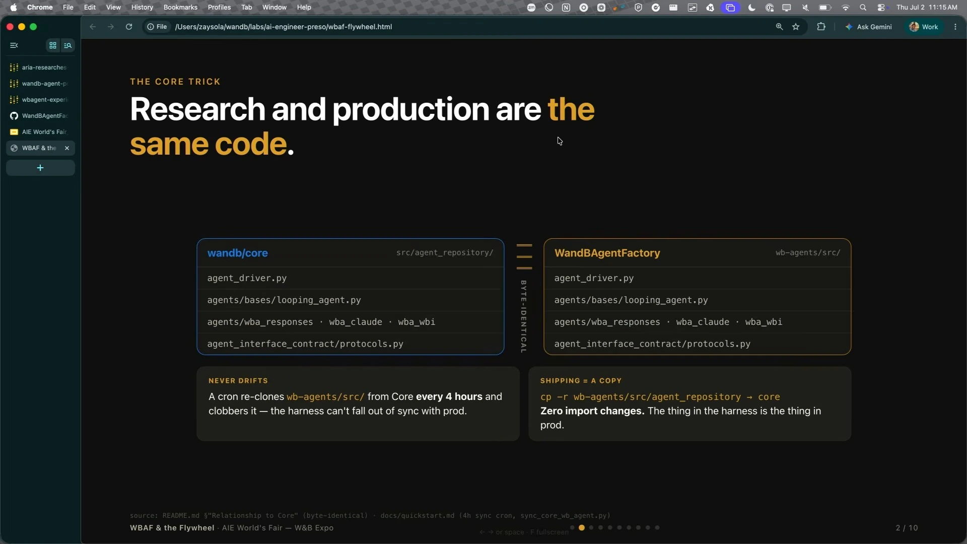A slide compares matching agent files in two repositories and describes synchronization and shipping.
