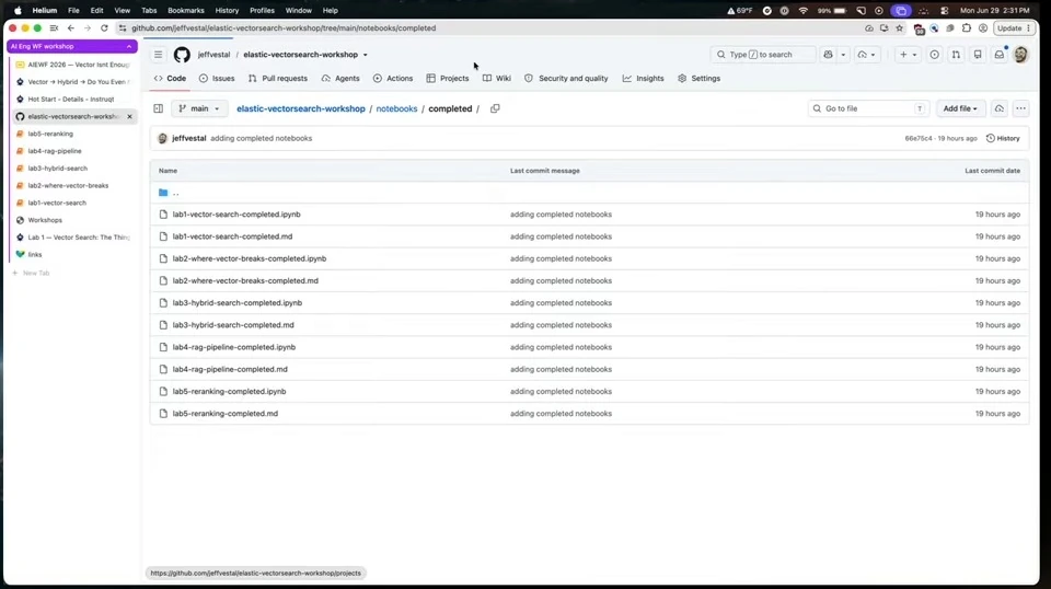 Repository folder listing completed notebooks and accompanying Markdown files for five labs.