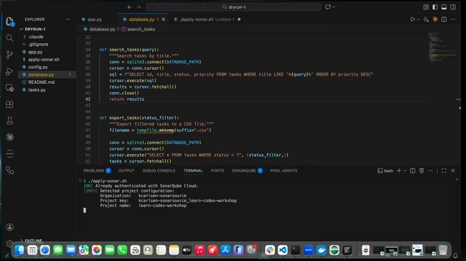 An editor terminal reports authentication and displays the detected project configuration.