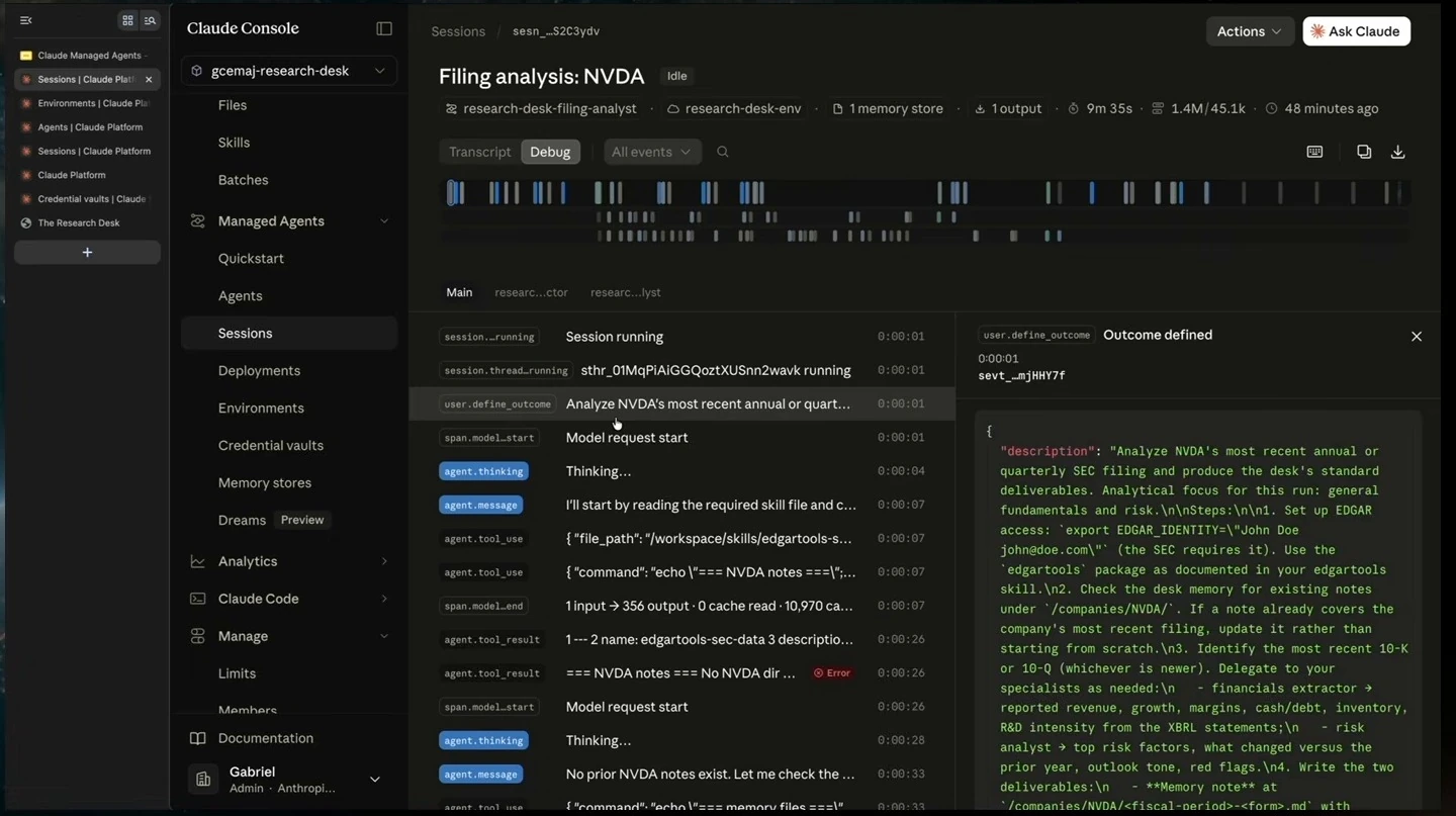 Claude Console displays the requested NVDA filing analysis and its workflow instructions.