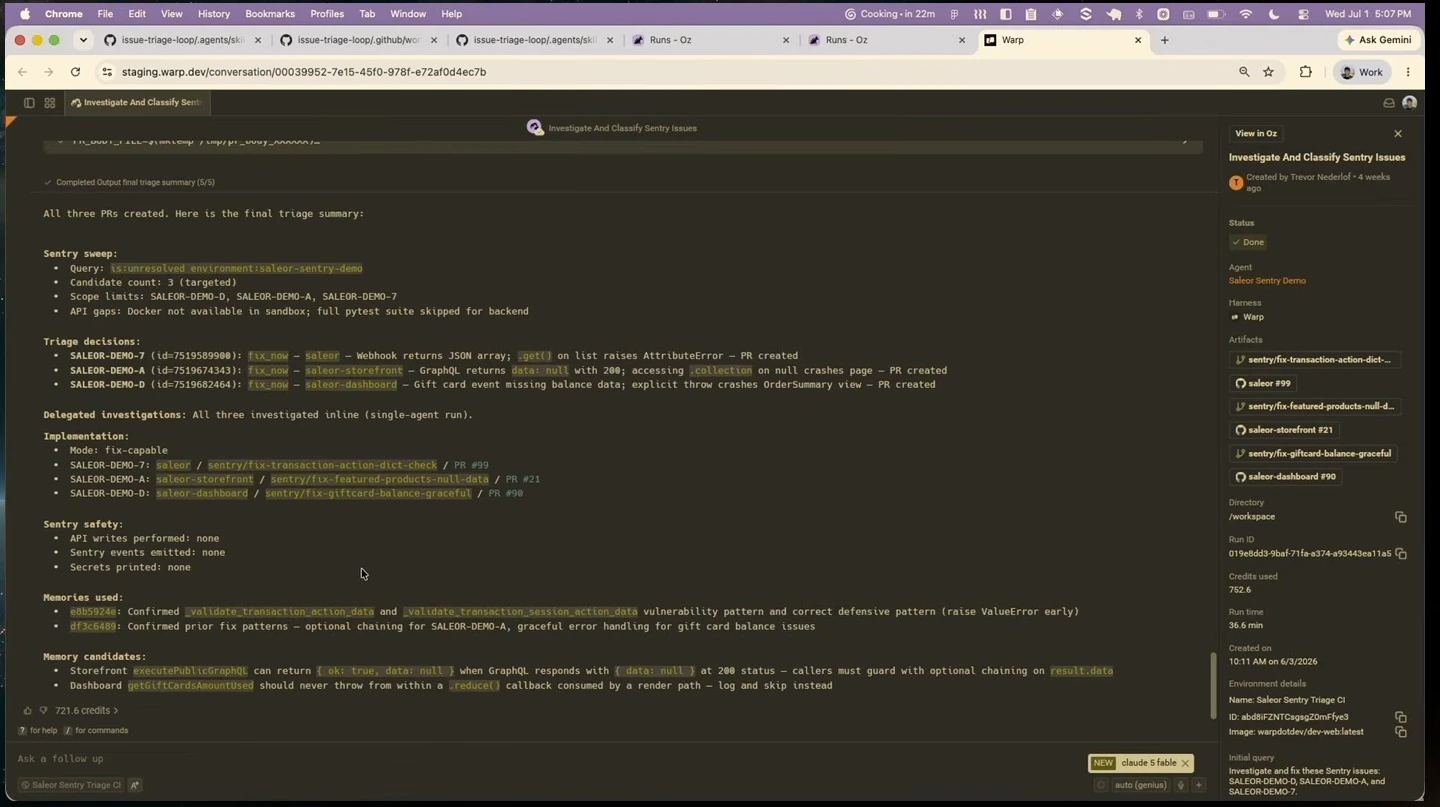 A completed agent run summarizes three issue fixes and lists memories used and proposed.