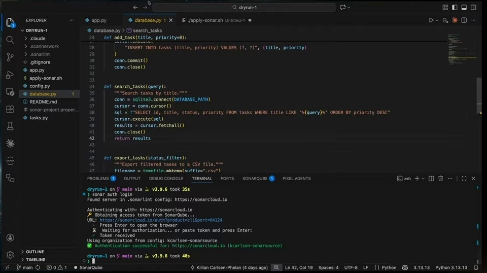 The terminal reports successful SonarQube authentication.