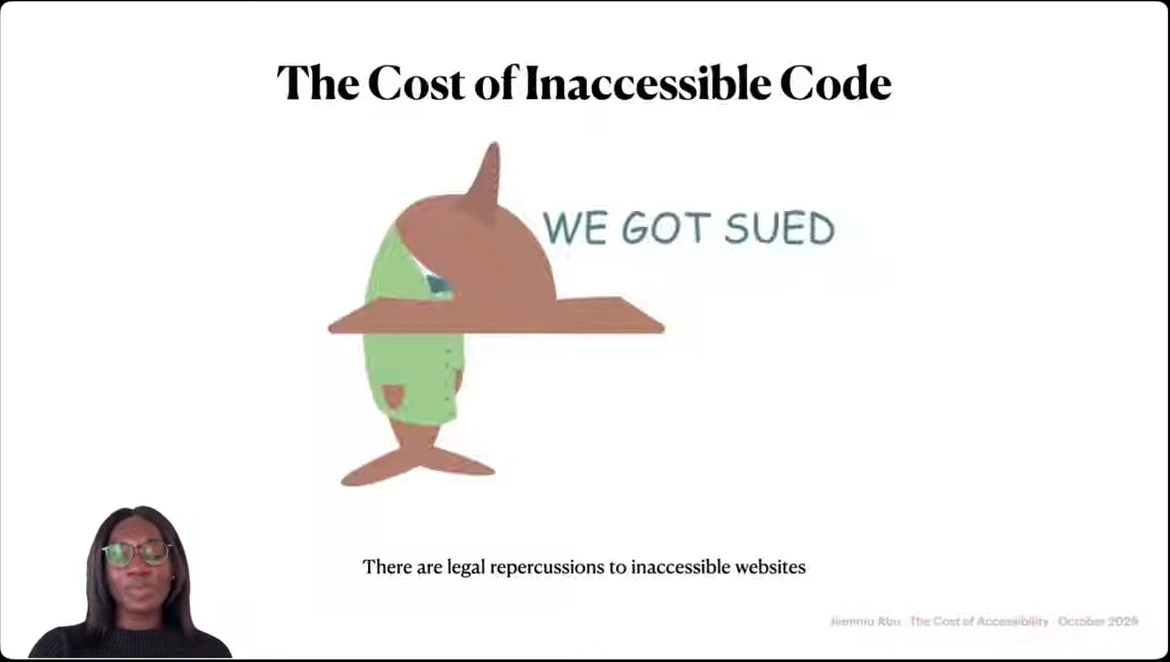 A cartoon character appears beside the words “We got sued.” The caption says inaccessible websites can have legal repercussions.
