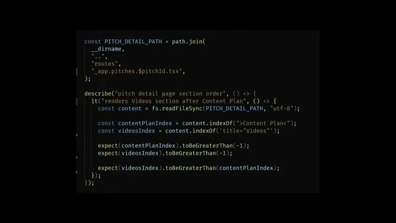 Test code reads a source file and checks that Videos appears after Content Plan.