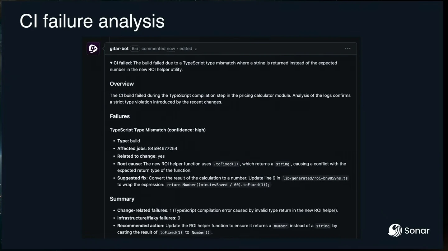 A bot summarizes a TypeScript return-type mismatch and suggests converting the result to a number.