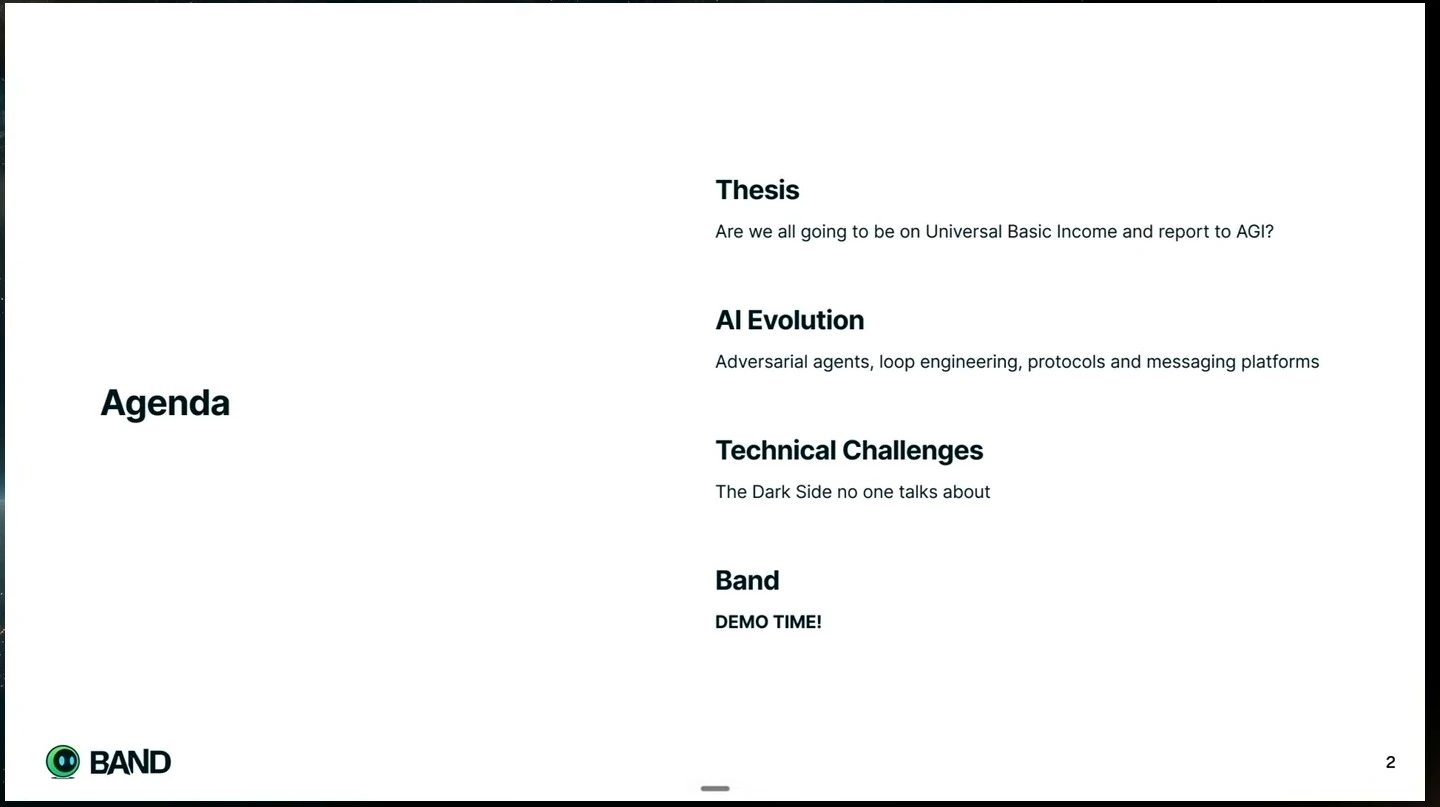 Agenda covering the thesis, AI evolution, technical challenges, and a Band demo.