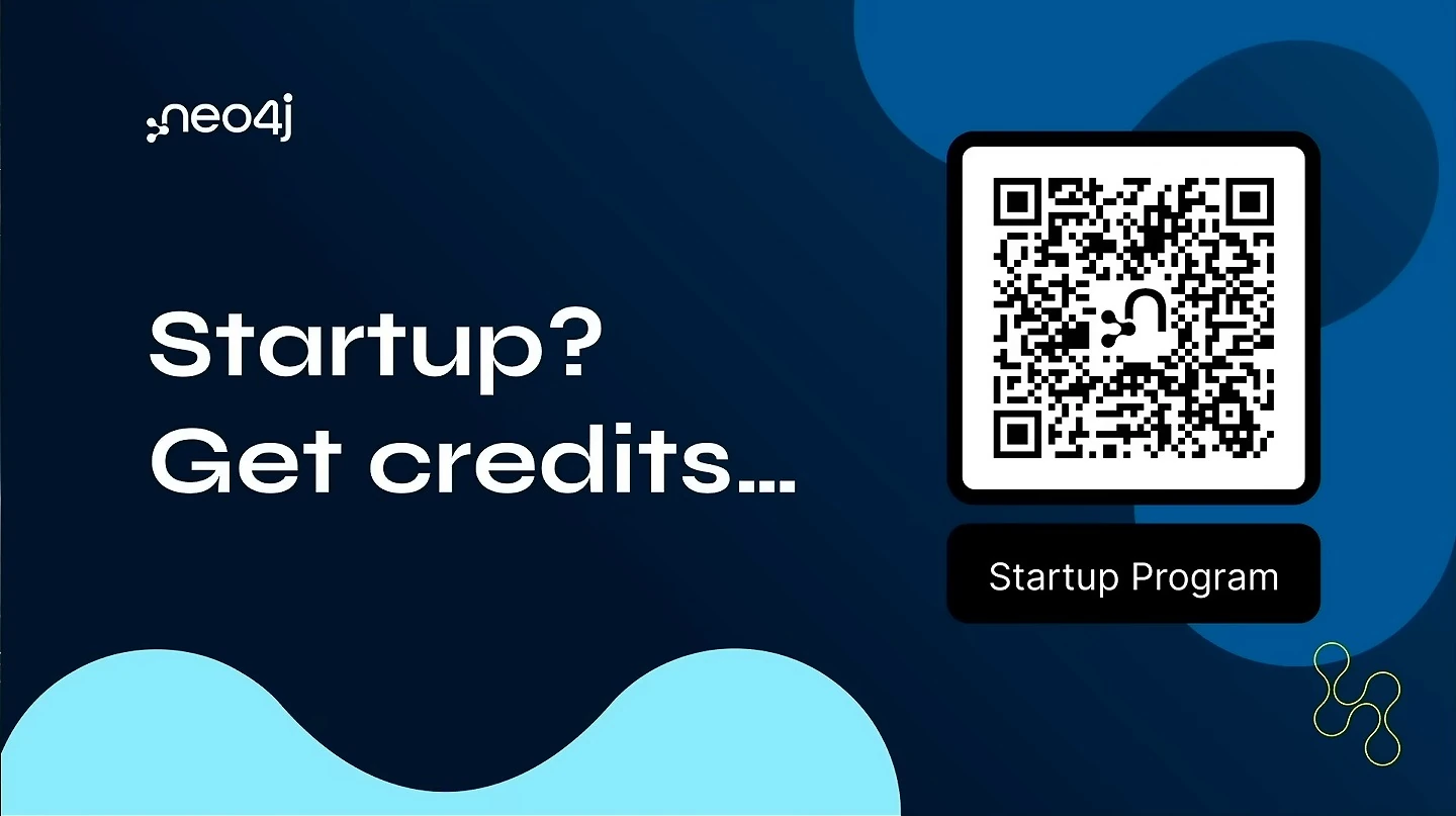 Neo4j startup-program slide offering credits and showing a QR code.