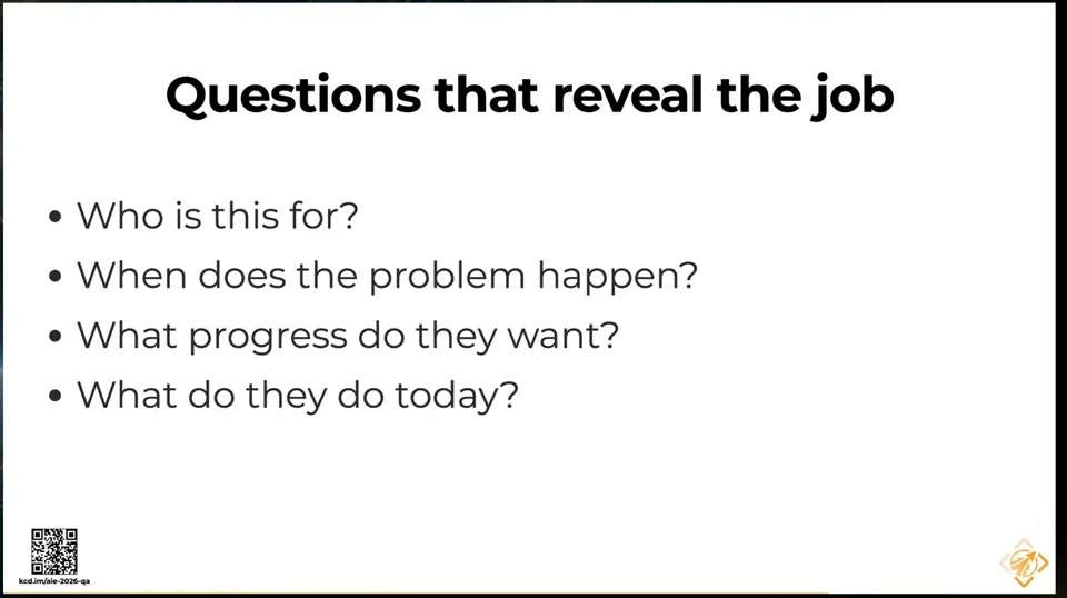 Four questions ask who the feature is for, when the problem happens, what progress they want, and what they do today.