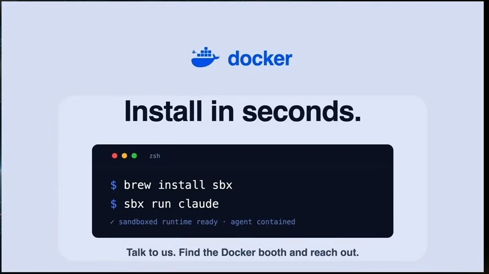 Docker closing slide showing commands to install sbx and run Claude in a sandbox.
