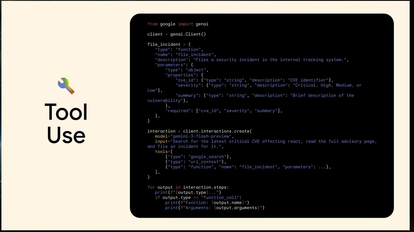 Tool Use slide with Python code defining an incident-reporting function and configuring search, URL context, and function tools.
