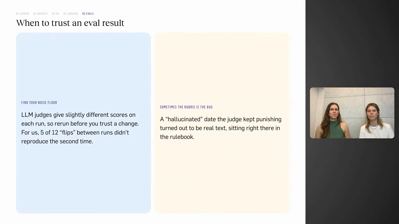 Two panels advise rerunning evaluations to assess noise and checking whether the rubric itself is wrong.