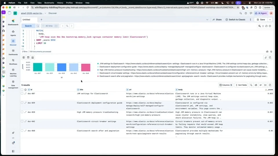 Discover displays a search query, a score chart, and five document results.