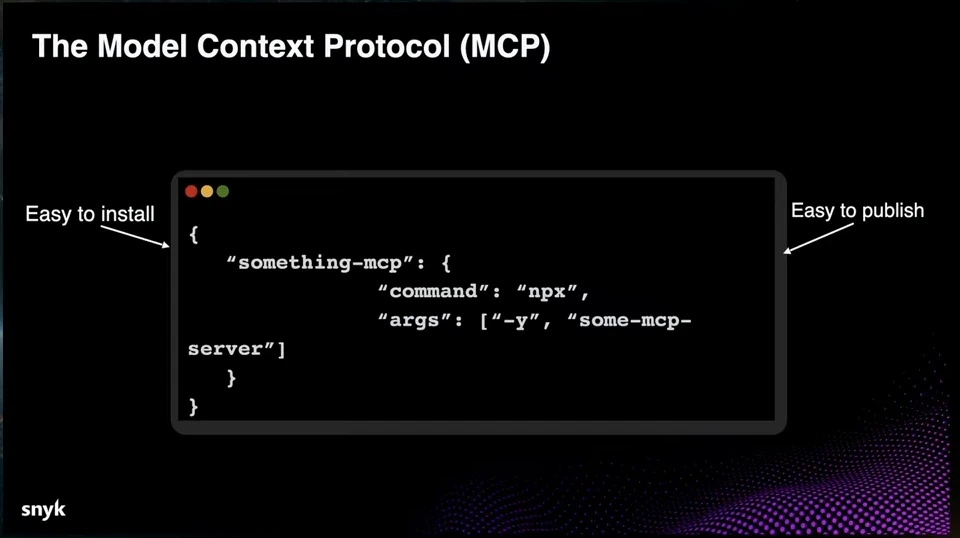 An example MCP server configuration in a terminal-style box, annotated “Easy to install” and “Easy to publish.”
