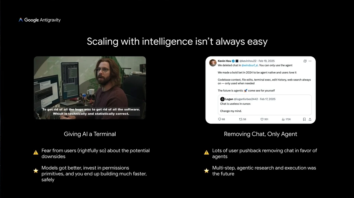 Two examples of user concerns and product changes: giving AI terminal access and replacing chat with an agent.