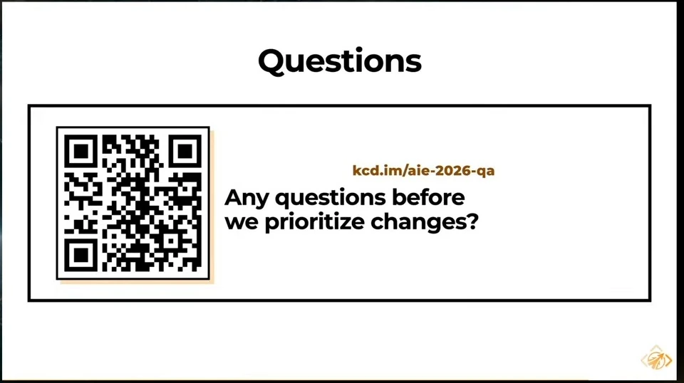 A questions slide with a QR code asking for questions before prioritizing changes.