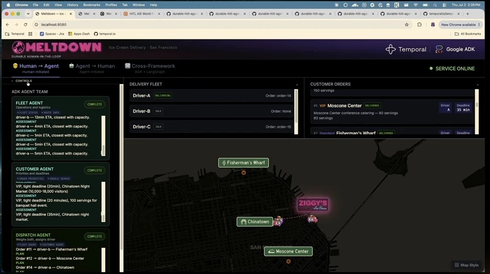 Delivery dashboard showing fleet, customer, and dispatch agent panels beside the map.