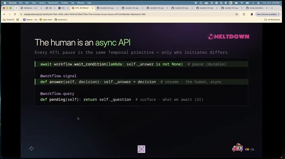 Python example showing a durable wait condition, a signal to resume it, and a query for the pending question.