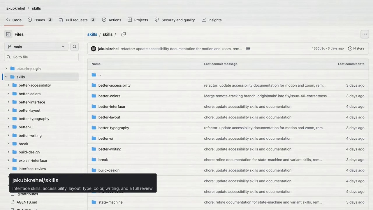GitHub directory listing interface skills for accessibility, color, layout, typography, writing, and review.