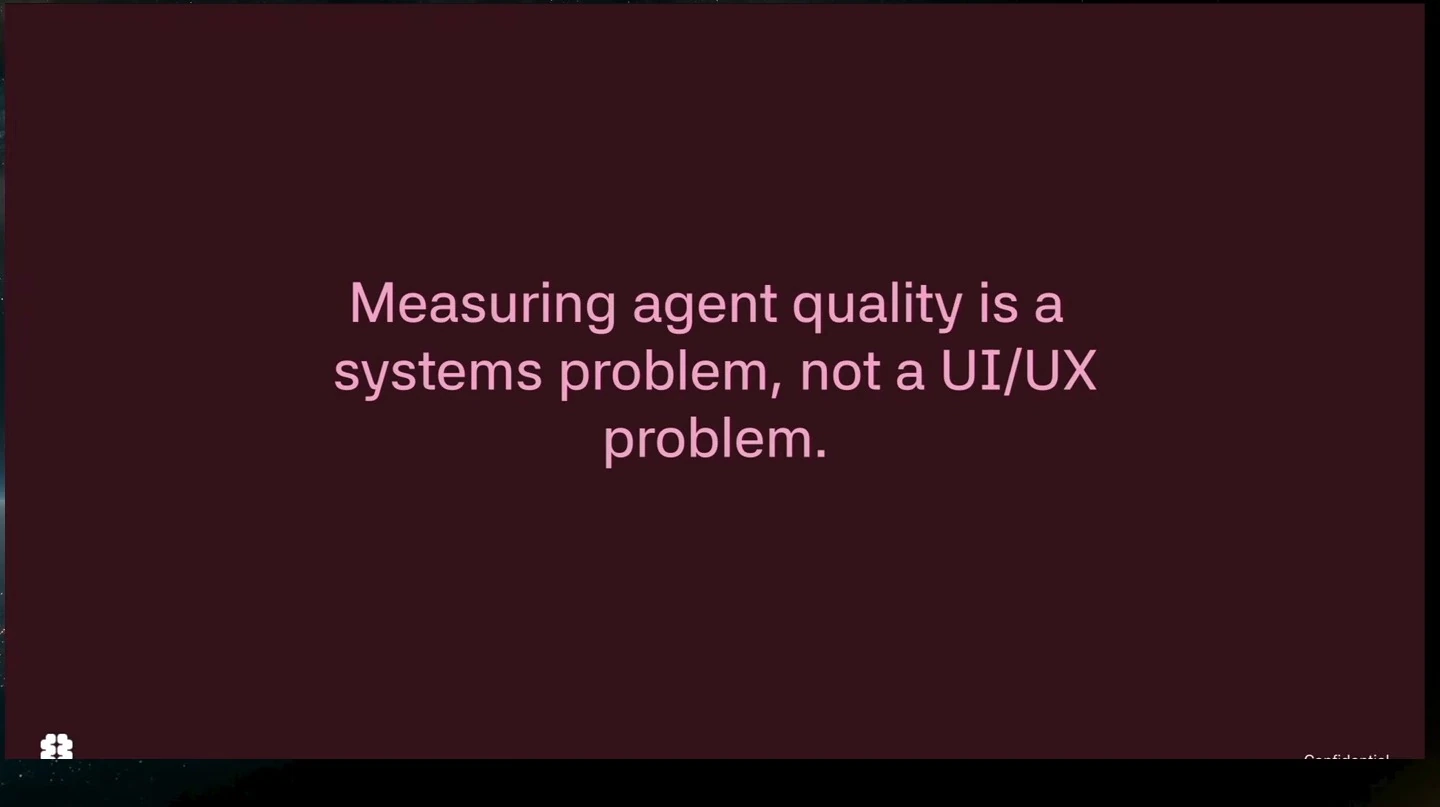 A slide states that measuring agent quality is a systems problem, not a UI/UX problem.