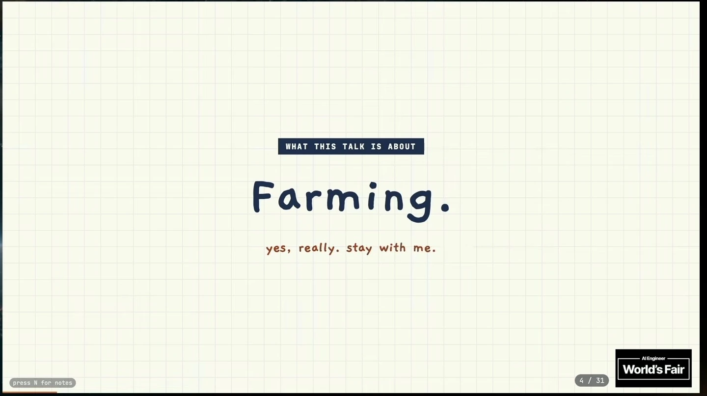A slide announces “Farming” and adds, “yes, really. stay with me.”