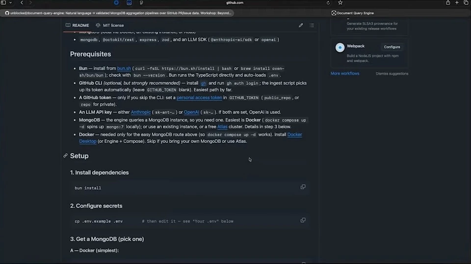 GitHub README showing prerequisites and initial setup steps.