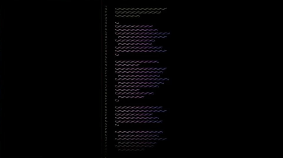 A dark, numbered column of dense code-like marks.