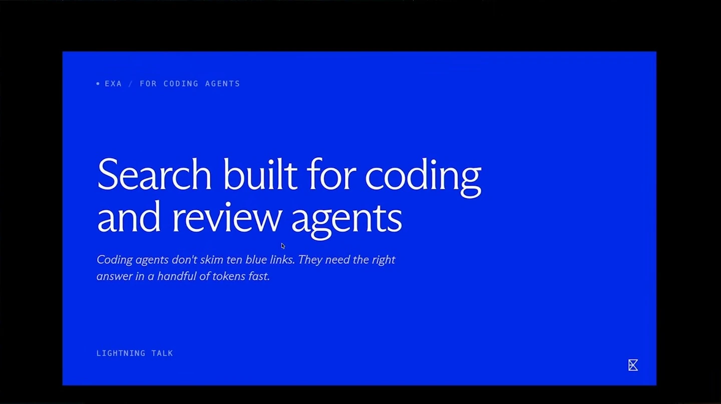 Blue title slide introducing Exa search for coding and review agents.