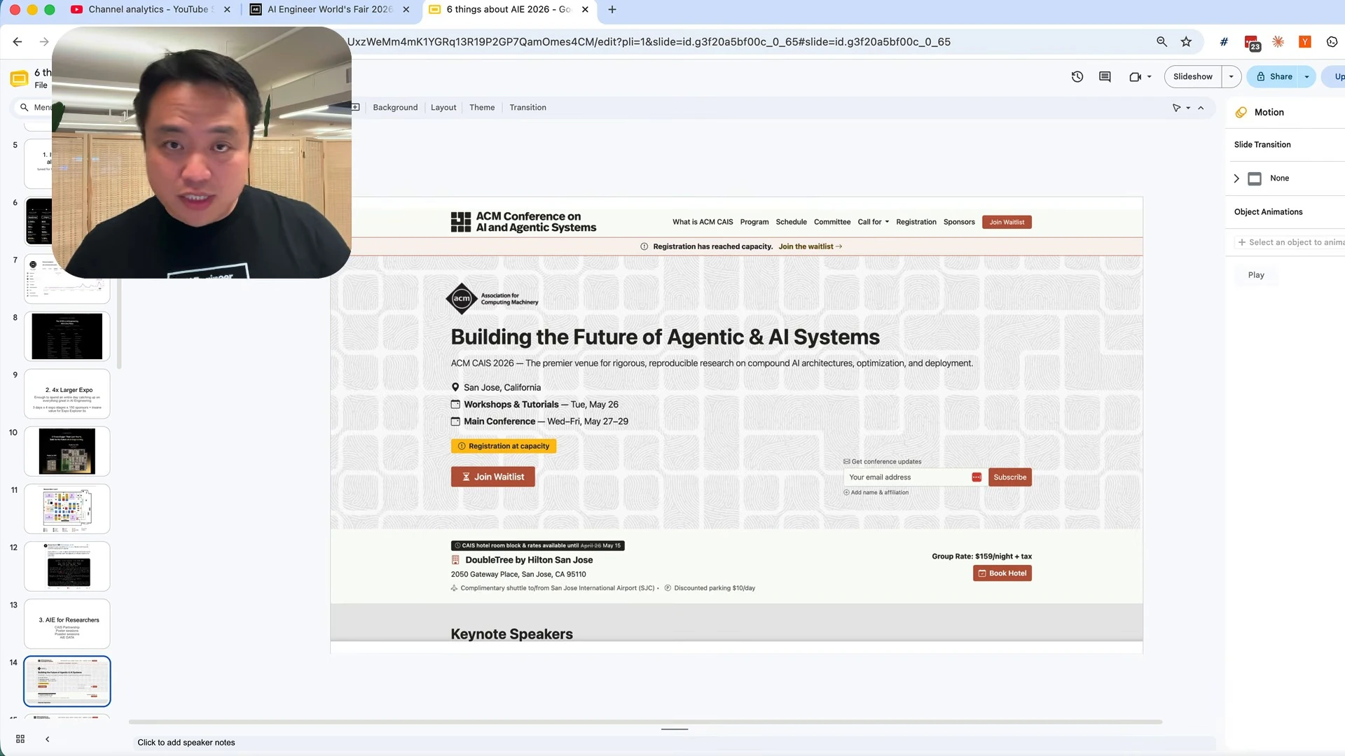 Conference website overview with dates, location, and registration status.