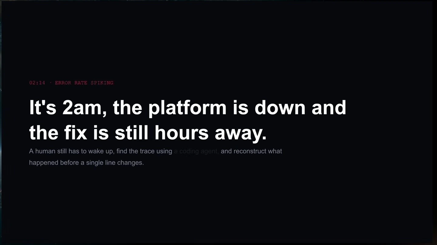 A slide describes a late-night platform outage and the delay before a fix.