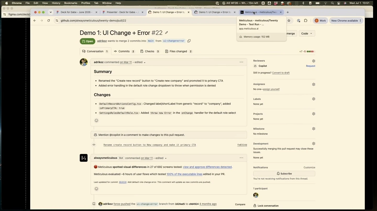 Pull request conversation with an automated comment reporting visual differences and test coverage.