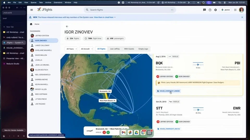 A flight history highlights a route on a map beside its flight card.