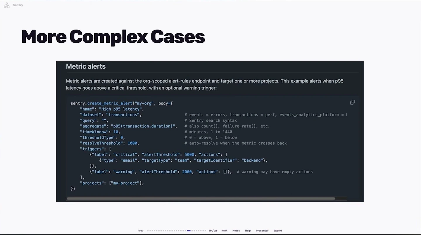 A metric-alert example configures a latency threshold and alert triggers; part of the code is horizontally clipped.