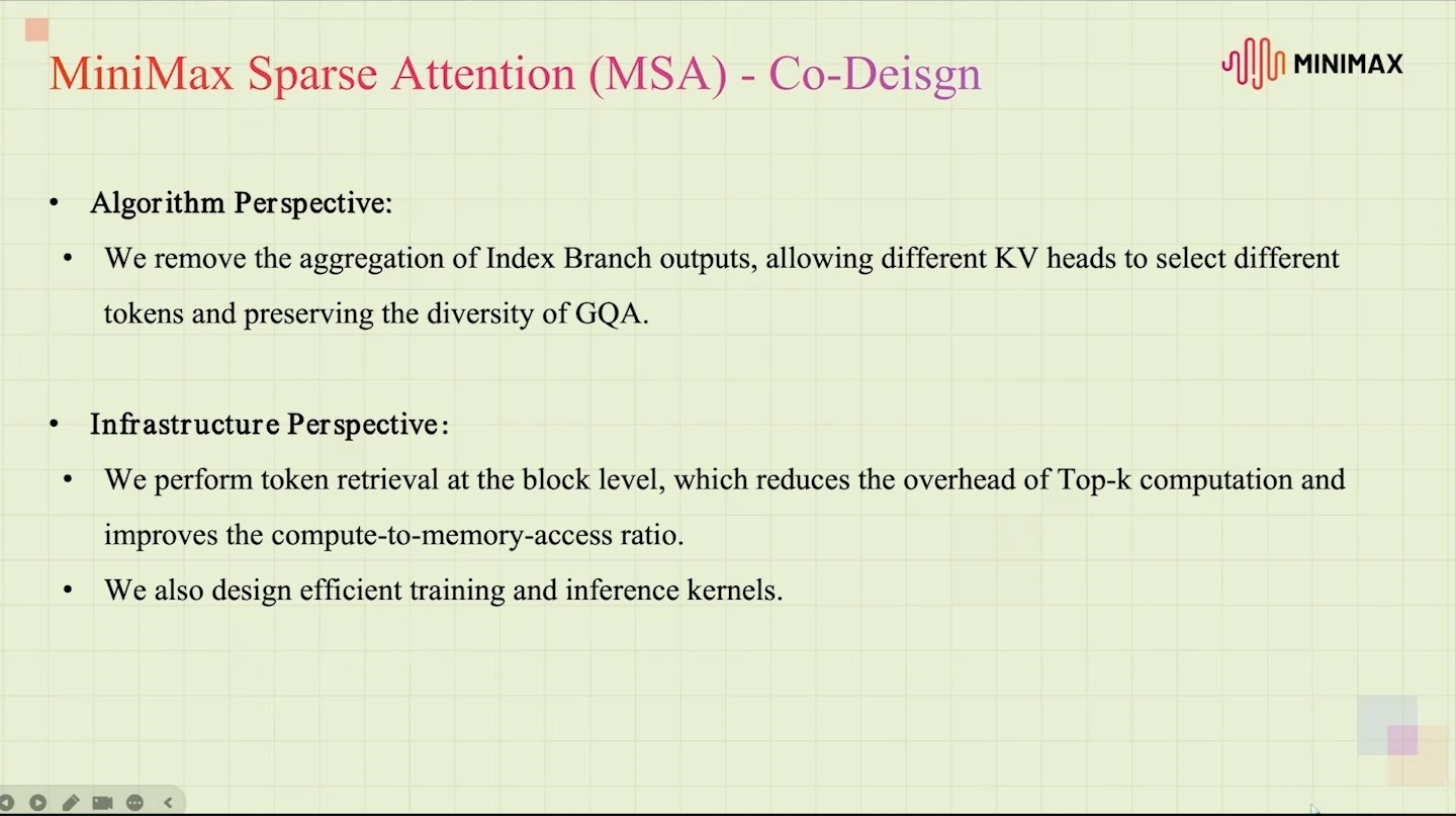 MSA uses separate token selection for KV heads, block-level retrieval, and efficient training and inference kernels.