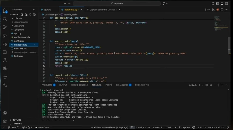 VS Code shows a database search function that inserts a query into an SQL string.