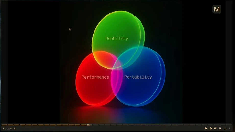 Three overlapping circles represent usability, performance and portability.
