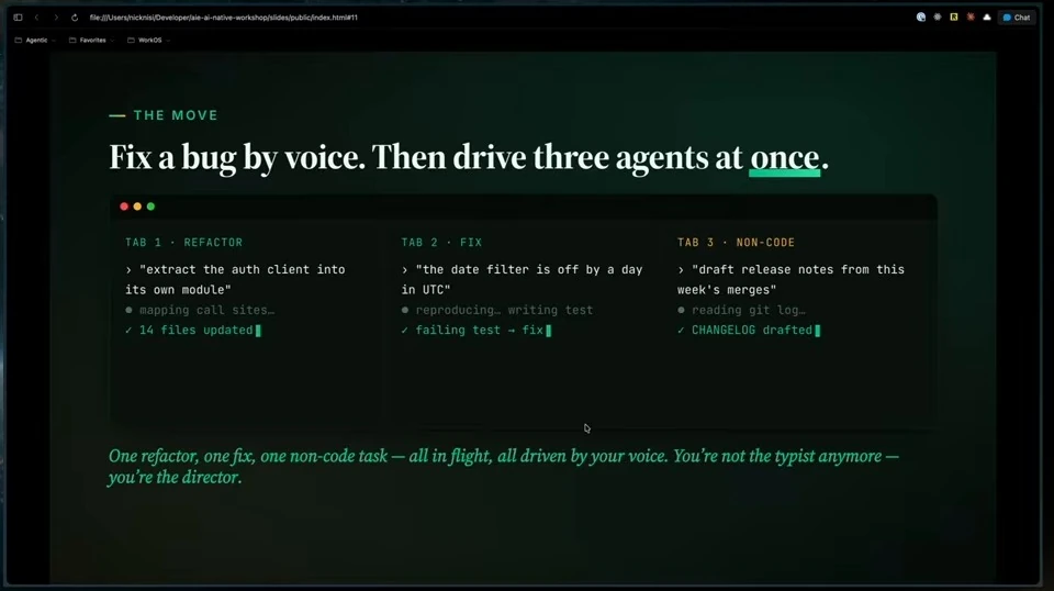 Three terminal panels show a refactor, a bug fix, and release-note drafting.