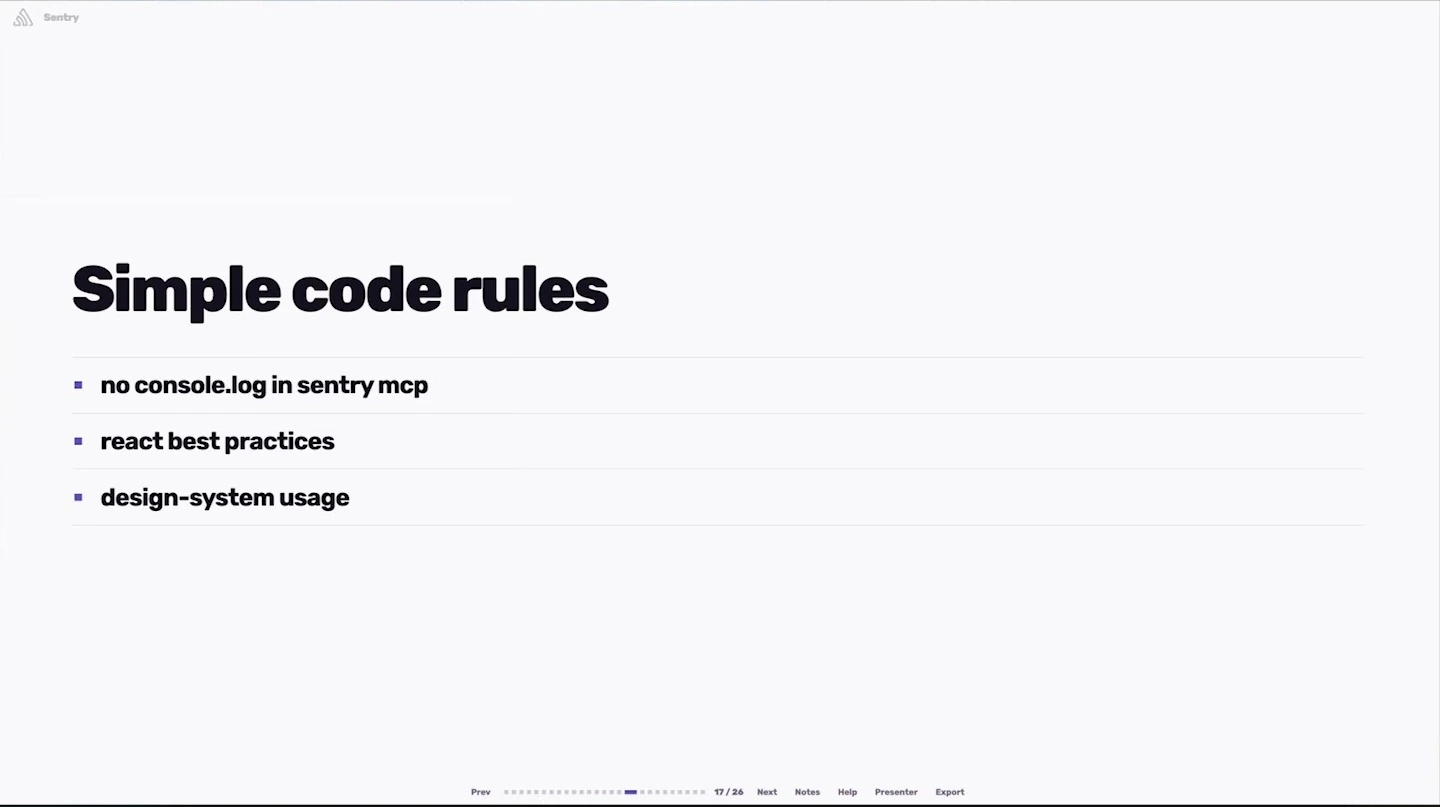 Examples cover console logging, React practices, and design-system usage.