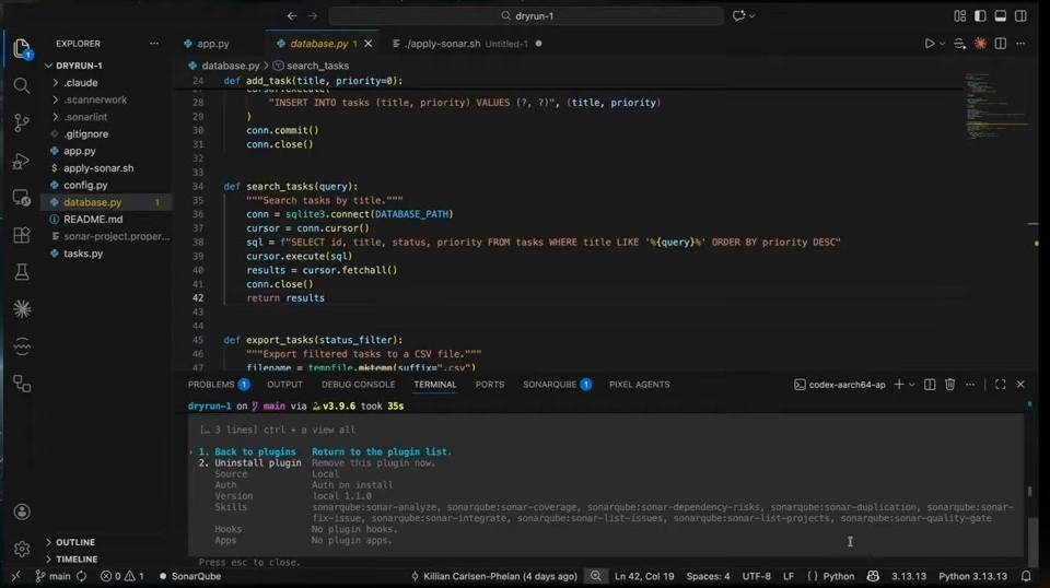 Codex displays details for the installed SonarQube plugin.