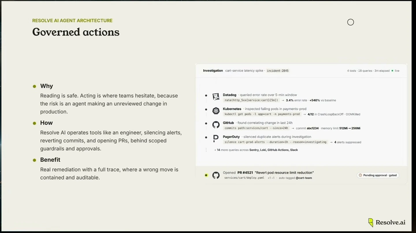 Slide describes guarded remediation actions beside an investigation trace and approval-gated change.