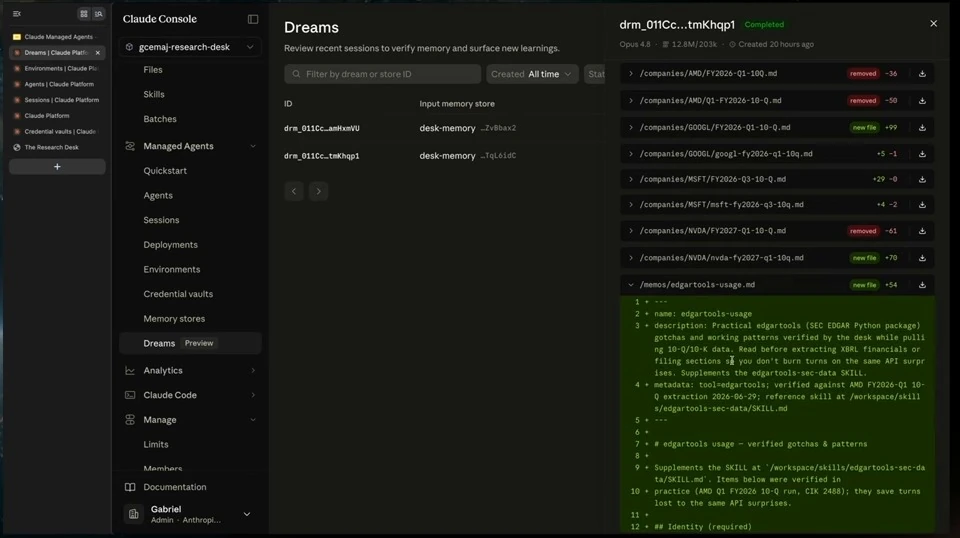 Dream detail panel with a memory-file addition expanded.
