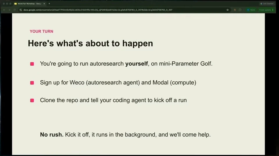 Participants will sign up for the required services, clone the repository, and start a mini-Parameter Golf run.